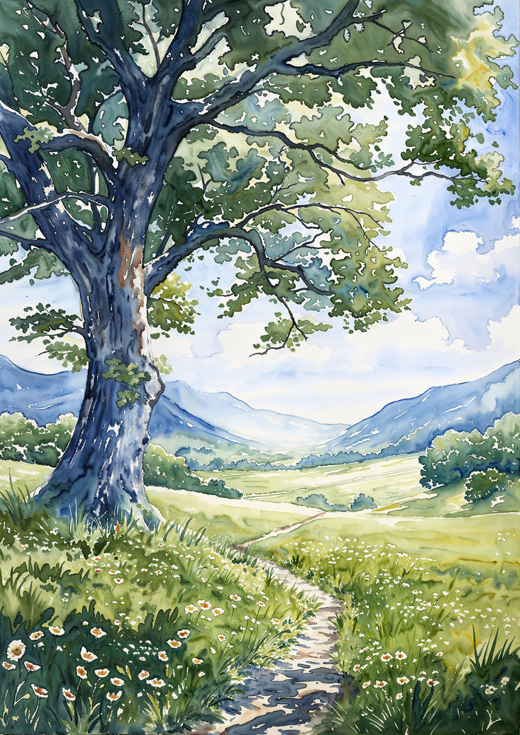 a painting of a tree in the middle of a field