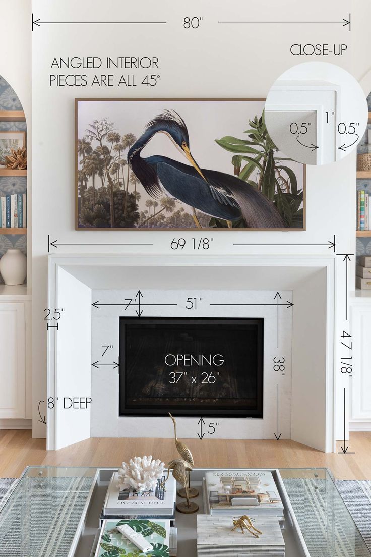 a living room with white furniture and a large painting on the wall above it's fireplace