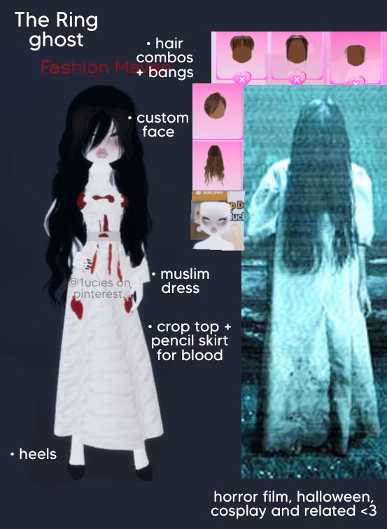 Dti Outfits Theme Horror Movie, Dti Roblox Horror Movie, Dti Roblox Outfits Horror Movie, Haunted Dress To Impress, Dti Horror Idea, Halloween Fits Dress To Impress, The Ring Girl Horror, Dti Roblox Cosplay, Ghost And Ghouls Dress To Impress