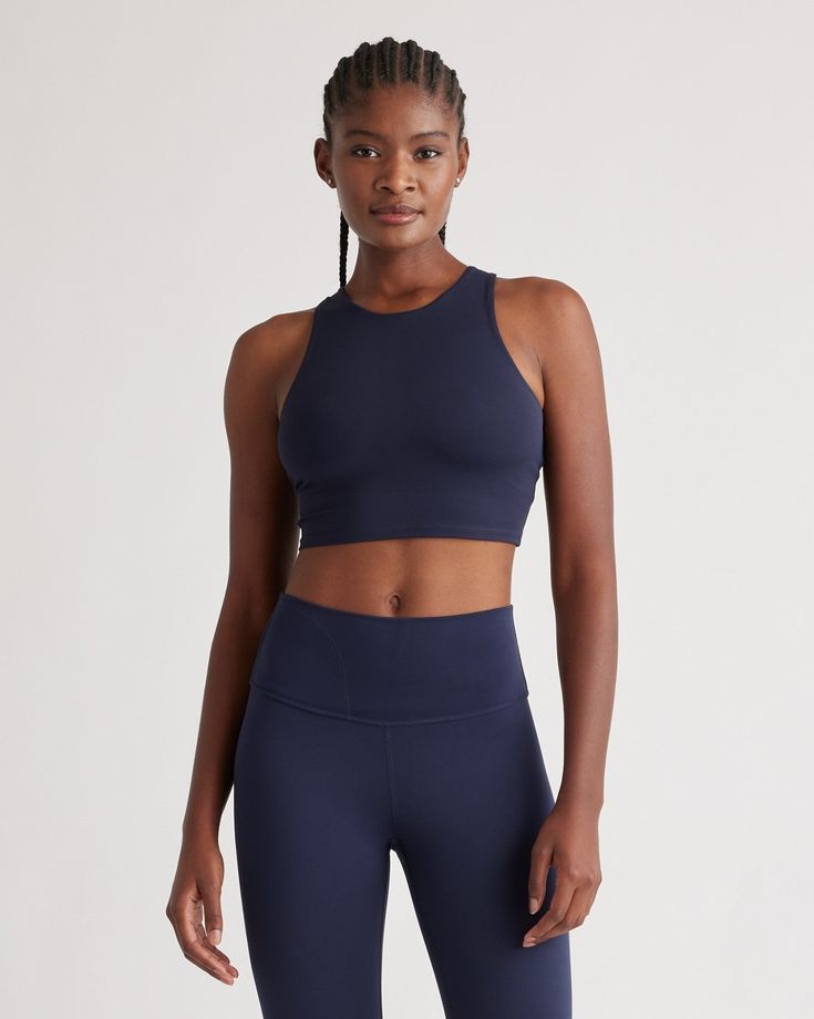 Up to make it cropped? Thought so. Our Ultra-Form High-Neck Cropped Tank is designed to hit just below your rib cage. Our signature, buttery soft Ultra-Form fabric has the quick-dry technology and 4-way stretch you want, keeping you cool and comfortable. It also features a built-in shelf bra for light support, perfect for low intensity workouts like yoga or everyday wear. Low Intensity Workout, Silk Cami, Low Impact Workout, Just Run, Rib Cage, Shelf Bra, Blouse Dress, Back To Black, Quince