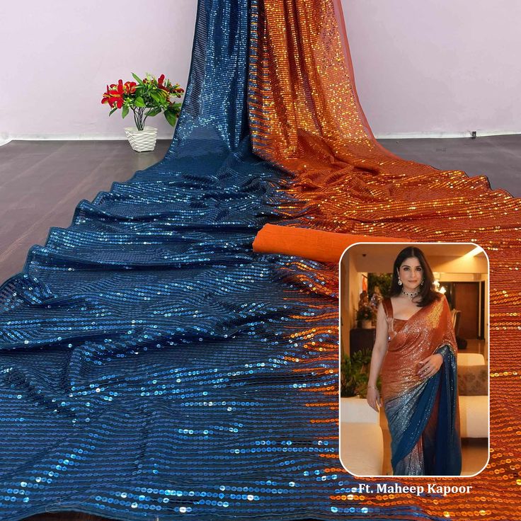 Orange & Morpich colored saree is made from georgette fabric which is highlighted with beautiful sequins work as shown. comes along unstitched art silk blouse piece which you can customise as per your design/style. Occasion - You can wear this saree for parties, functions and ideal for any fashionista. Note:- The actual product may differ slightly in color and design from the one illustrated in the images when compared with computer or mobile screen. Measurements: Saree : Georgette : 5.5 Mtrs Bl Semi-stitched Sequined Saree, Semi-stitched Sequined Saree For Navratri, Semi-stitched Art Silk Saree With Sequins, Semi-stitched Sequin Art Silk Saree, Semi-stitched Sequined Georgette Blouse Piece, Semi-stitched Georgette Blouse Piece With Sequins, Semi-stitched Georgette Saree For Celebration, Party Art Silk Saree With Sequins, Bollywood Style Sequined Art Silk Saree