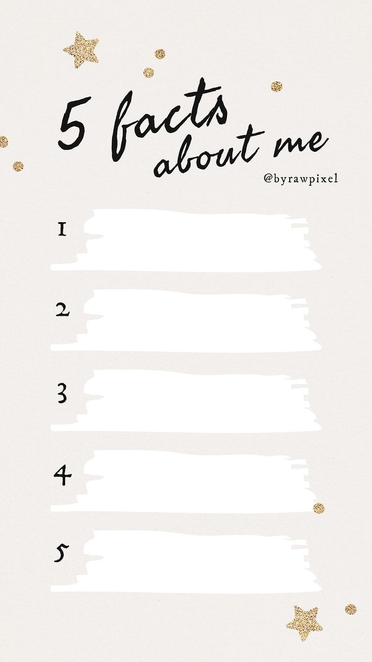 the five fact about me list with gold stars on white paper and black lettering that says,