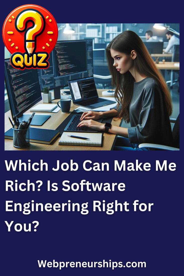 a woman sitting in front of a computer with the words which job can make me rich?