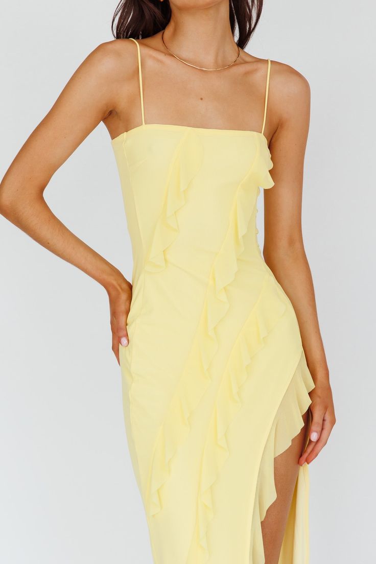 Shop the Catriona Split Ruffle Midi Dress Lemon | Selfie Leslie Spaghetti Strap Lined Midi Dress For Brunch, Chic Lined Dresses With Ruffled Straps, Chic Dresses With Lined Ruffled Straps, Chic Dresses With Ruffled Straps And Lined, Lined Mini Dress With Ruffled Straps For Date Night, Flirty Ruffled Strap Dress For Brunch, Ruched Midi Dress With Ruffled Straps For Party, Party Midi Dress With Ruched Ruffled Straps, Party Midi Dress With Ruched Details And Ruffled Straps