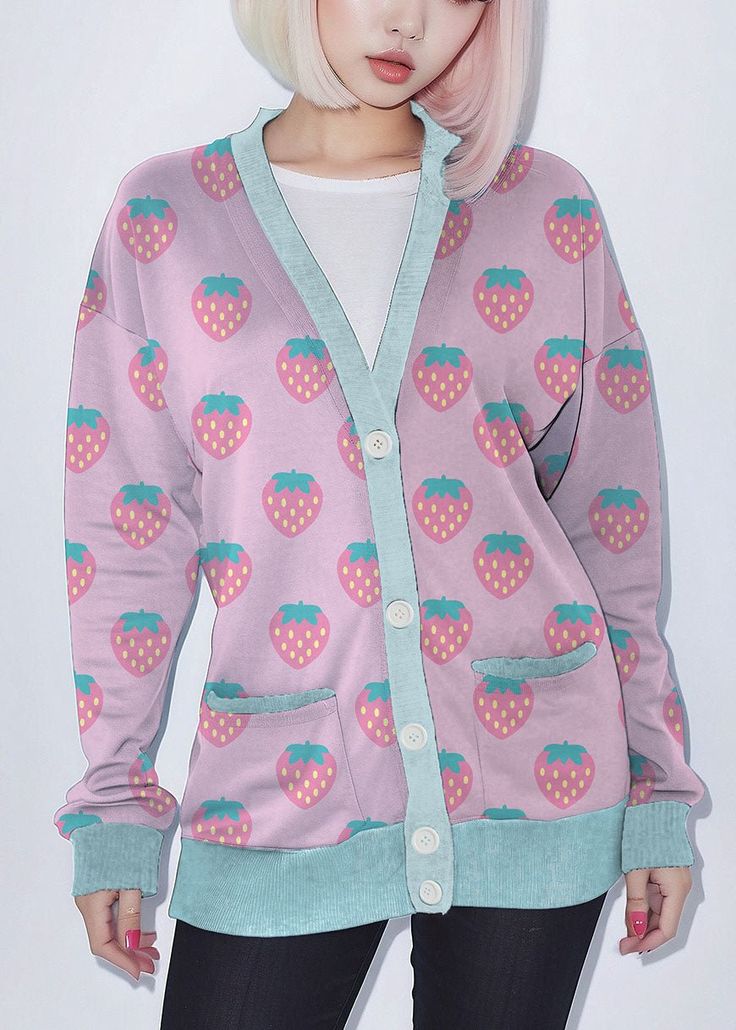 Pink Strawberry Kawaii Fleece Cardigan - In Control Clothing Kawaii Cardigan, Strawberry Kawaii, Goth Skirts, Plus Size Kawaii, Fairy Kei Fashion, Kawaii Outfits, Kawaii Clothing, Kei Fashion, Denim Hoodie