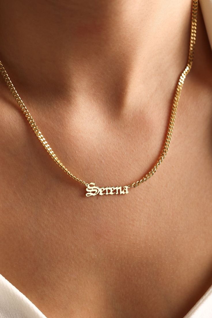 "14K Gold Name Necklace, Cuban Chain Necklace, Personalized Necklace, Name Plate Necklace with Curb Chain, Necklace for Men for Women - 14k gold Nameplate Necklaces one of the most loved designs by our customers. - Great Dainty necklace as Valentines Day gift, Christmas Gift, birthday gift, mothers day gifts or any special occasion. - Personalize a timeless, dainty and chic initial name necklace for yourself now. - All our minimalist necklaces %100 custom made by hand with Love and Care in our w Gold Chain Name Plate, Gold Cuban Link Name Necklace, Figaro Chain Nameplate Jewelry For Anniversary, 14k Gold Name Necklace With Curb Chain As Gift, 14k Gold Curb Chain Nameplate Jewelry, 14k Gold Figaro Chain Nameplate Jewelry, Gold Engraved Cuban Link Jewelry, Yellow Gold Figaro Chain Nameplate Necklace, Anniversary Nameplate Jewelry With Curb Chain