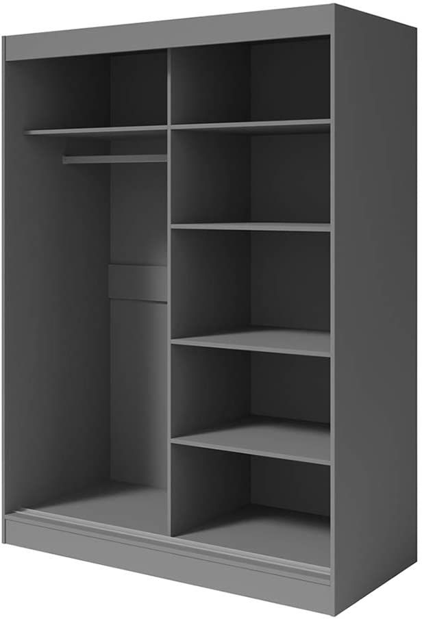 an empty gray shelf with shelves on both sides and one door open to the other side