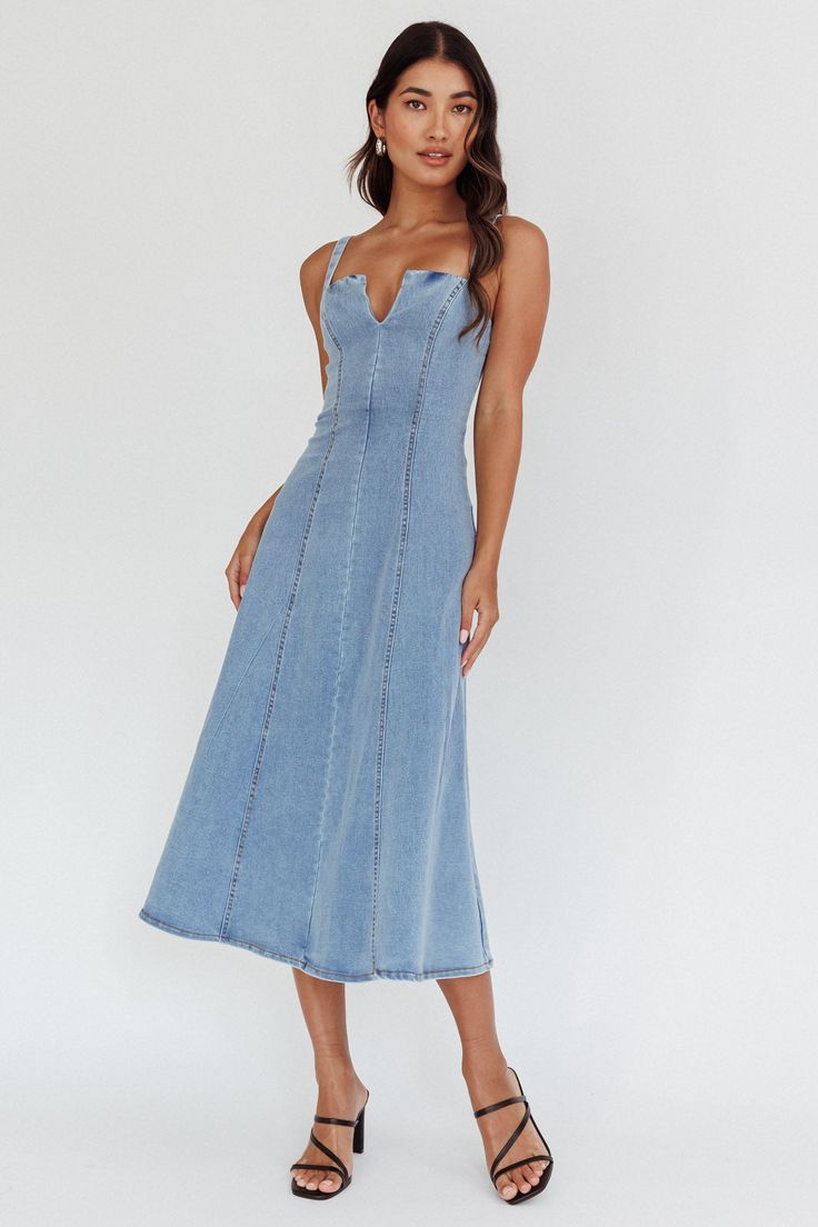 Shop the Catch My Drift A-Line Midi Dress Denim Blue | Selfie Leslie Fitted Backless Denim Dress For Spring, Fitted Backless Denim Dress, Denim Blue Dress For Night Out In Spring, Blue Denim Backless Dress, Fitted Medium Wash Denim Dress With Spaghetti Straps, Fitted Denim Blue Spaghetti Strap Dress, Denim Blue Fitted Dress With Spaghetti Straps, Spring Dresses With Spaghetti Straps And Medium Wash, Fitted Denim Midi Dress For Date Night