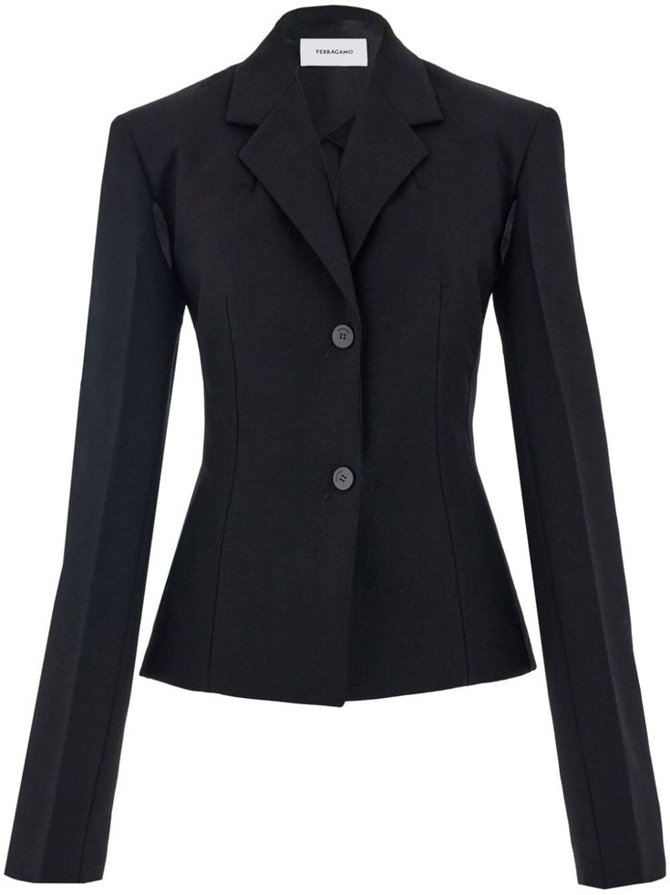 black wool blend notched lapels front button fastening split long sleeves buttoned cuffs fitted waistline straight hem Open Sleeves, Pleated Sleeves, Open Sleeve, Cropped Blazer, Black Blazers, Black Wool, Blazers For Women, Salvatore Ferragamo, Blazer Jacket