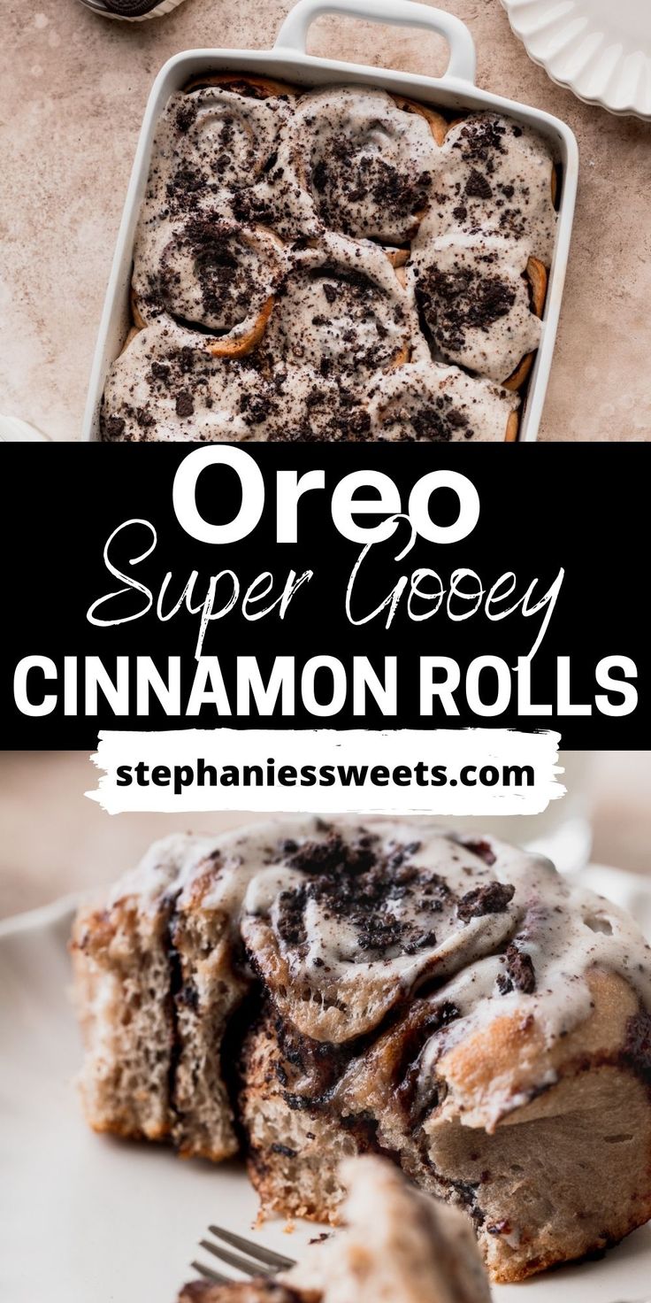 an oreo cinnamon roll on a plate with a fork next to it and the text overlay says oreo super easy cinnamon rolls