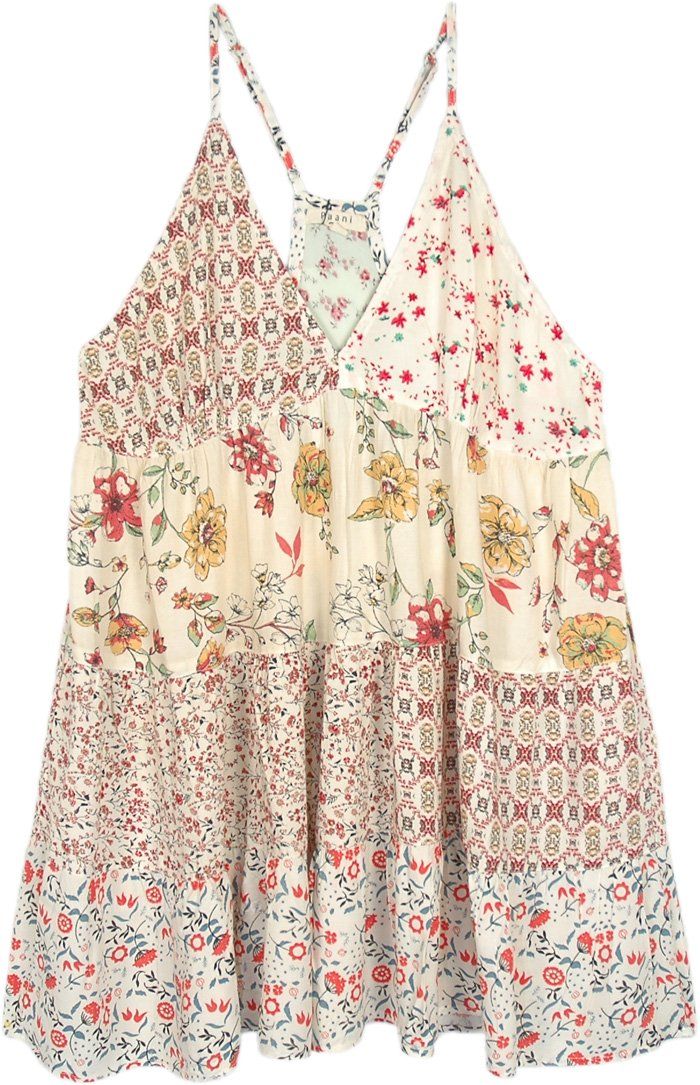 True sunshine essential, this soft and pretty floral printed patchwork dress looks and feels fresh.  The patchwork is an amalgam of beautiful floral prints in ivory cream background shades. #tlb #Sleeveless #Patchwork #vacationclothing #beachwrap #Floral #Printed #bohemianfashion #Overalls and Rompe #MidiDress #BabyDollDress #PixieDress #Fairydress White Floral Patchwork Dress For Vacation, White Floral Patchwork Dress For Beach, Sleeveless Beige Patchwork Dress, White Beach Dress With Floral Patchwork, Casual White Dress With Floral Patchwork, Vacay Clothes, Spain Fits, Cream Dresses, Flower Patchwork