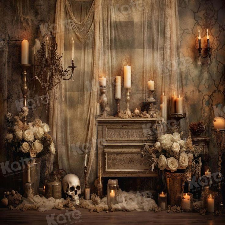 an old fashion photo with candles and flowers