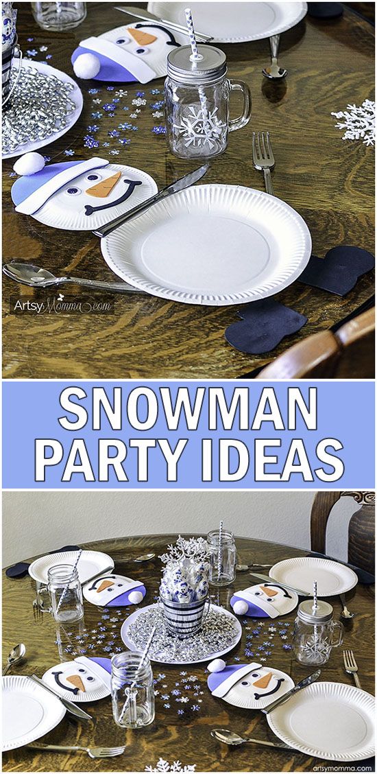 there is a table set with snowman plates and silverware on it, along with the words snowman party ideas