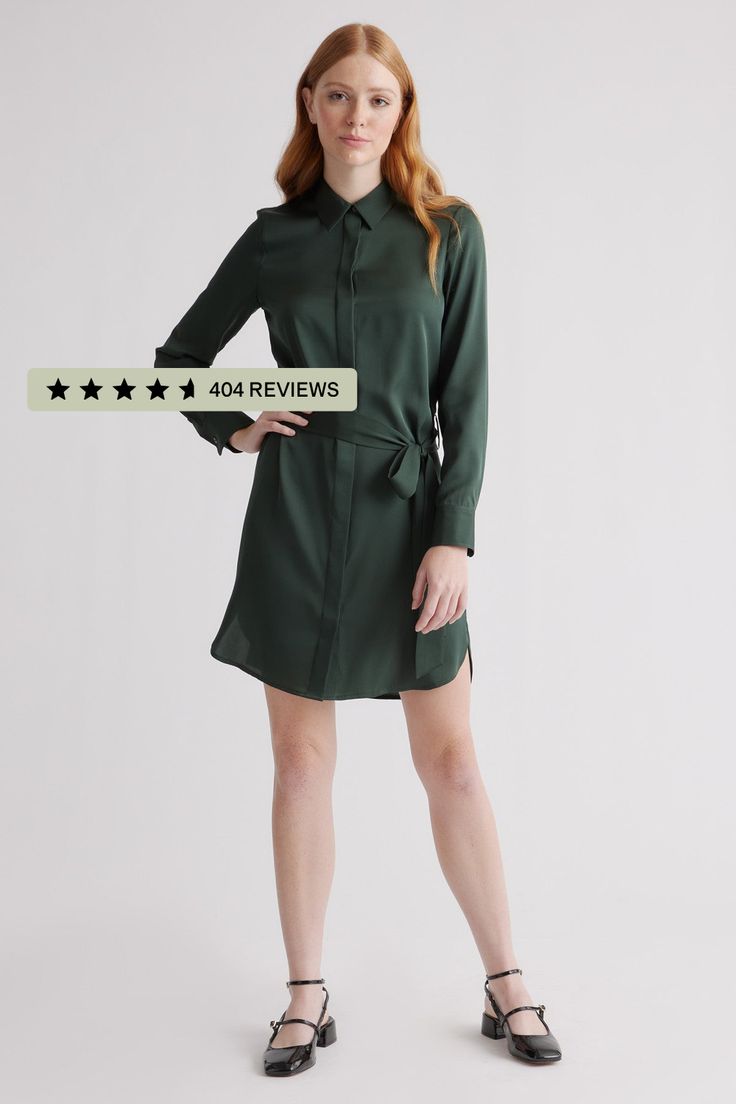 A wardrobe staple for so many reasons. This premium silk shirt dress is sleek and streamlined. With just the right amount of stretch, it can seamlessly take you from meetings to drinks, and is the piece you’ll always go back to.  | Quince | Women's Washable Stretch Shirt Dress in Forest Green,  Size XL Silk Fiber, Silk Shirt Dress, Silk Shirt, Quince, Forest Green, Wardrobe Staples, Dress Shop, Night Out, Shirt Dress