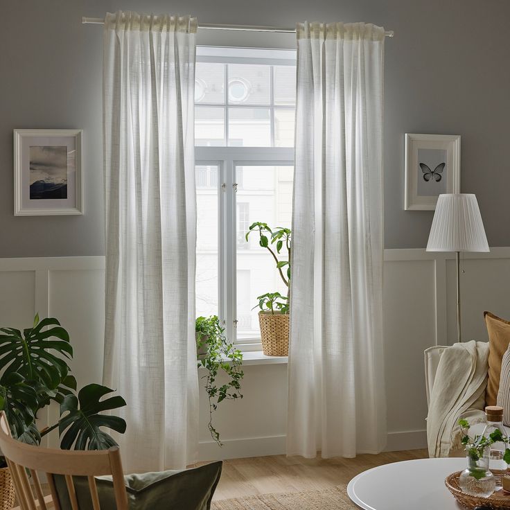 a living room filled with furniture and a window covered in sheer curtains next to a potted plant