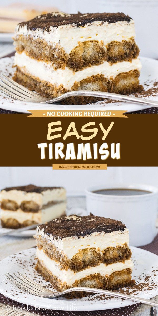 two slices of cake sitting on top of plates with the words easy tirami