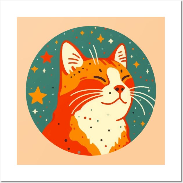 an orange and white cat with stars on it's face in a circular frame