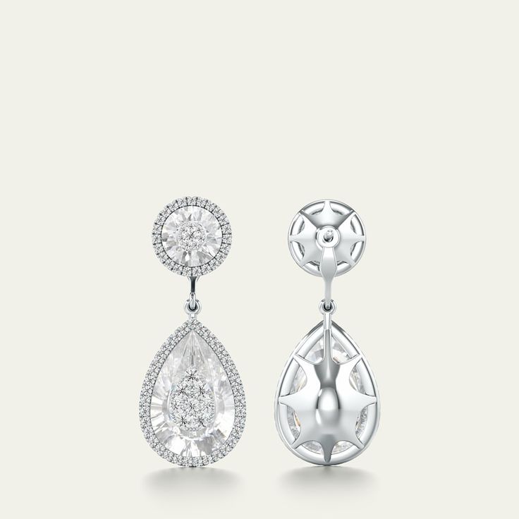 Bhansali drop earrings from the One Collection 18-karat solid white gold Pear and round quartz with diamond halos 1 total diamond carat weight  For pierced ears Imported Luxury Pear-shaped Diamond White Diamond Earrings, Luxury Pear-shaped Diamond White Earrings, Luxury Platinum Teardrop Diamond Earrings, Luxury White Gold Drop Diamond Earrings, Luxury Diamond Earrings With Halo Design For Evening, Luxury Halo Design Diamond Earrings For Evening, Luxury Rose Cut Drop Diamond Earrings, Luxury White Diamond Earrings With Halo Design, Luxury Pear-shaped White Gold Diamond Earrings