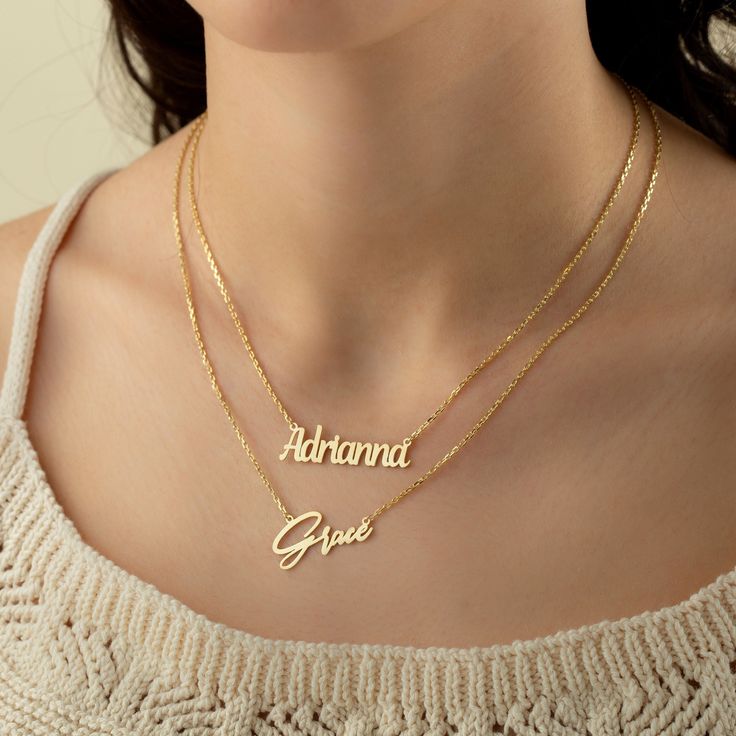 "14K Solid Gold Name Necklace, Script Name Necklaces Personalized Handmade Silver Jewelry crafted with love from solid sterling silver in TEXAS. DETAILS 100% 14k Gold Plated, Sterling Silver, or Rose Gold Plated and 8k , 14k, Solid gold The necklace can be personalized with NAME, NUMBER, WORD Name size - lowercase letters are approximately 6 mm and uppercase letters are approximately 8 mm PERSONALIZATION See font sample at last image AT CHECK OUT Leave a note at \"Note to seller\" with NAME/WORD Customizable Gold Jewelry As Gift, Customizable Gold Jewelry For Gifts, Customizable Gold Jewelry Gift, Customizable Gold Jewelry For Gift, Dainty Personalized Necklaces For Christmas, Gold Pendant Necklace With Hallmarks, Dainty Personalized Christmas Necklaces, Gold-plated Necklaces For Birthday, Dainty Gold Name Necklace As Gift