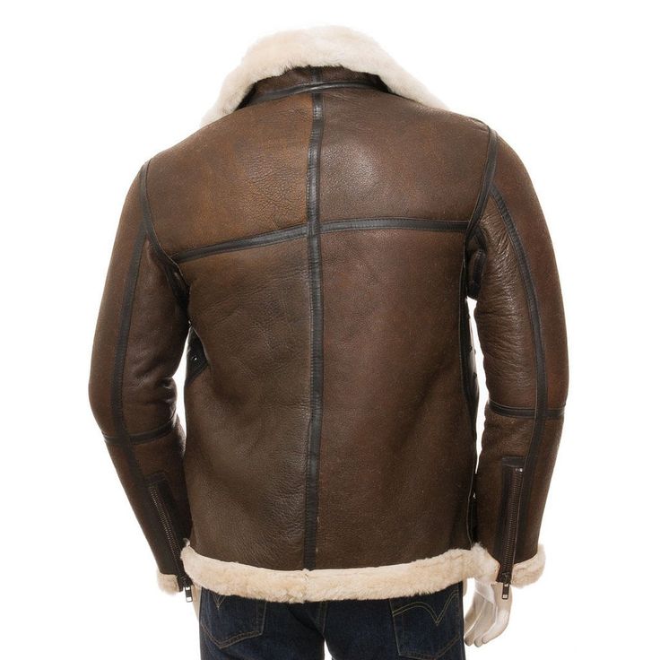 A high-quality Shearling Leather Jacket in brown that will age wonderfully and serve you for years to come. The jacket is of genuine leather and features a cream shearling collar and hems. This Shearling Leather Jacket for men can be worn with any outfit from your closet. You can wear this jacket casually or to your party. This jacket is functional as well as stylish. So, buy it and get a 40% discount before the sale ends! Features: External: Real Leather Internal: Polyester Lining Pockets: Two Brown Shearling Aviator Outerwear, Brown Shearling Aviator Jacket, Brown Sheepskin Aviator Outerwear, Brown Rugged Sheepskin Leather Jacket, Brown Sheepskin Leather Jacket With Faux Fur Lining, Brown Shearling Leather Jacket For Winter, Winter Shearling Leather Jacket In Brown, Rugged Brown Shearling Leather Jacket, Brown Sheepskin Aviator Leather Jacket