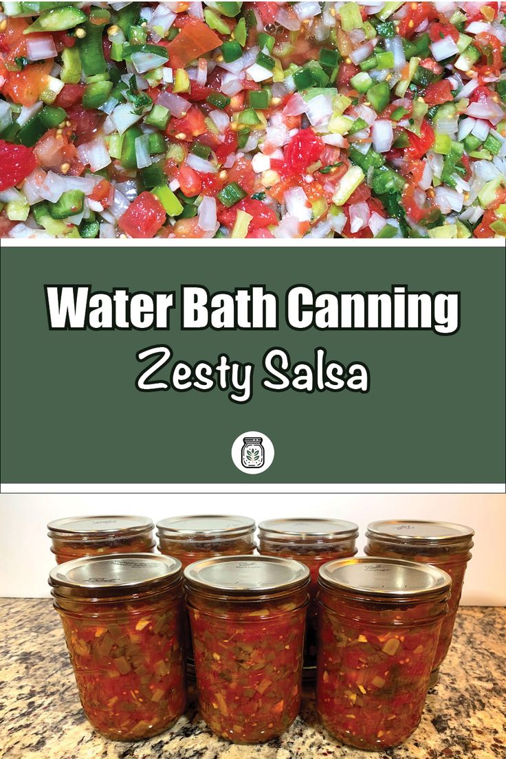 four jars filled with food sitting on top of a counter next to the words water bath canning