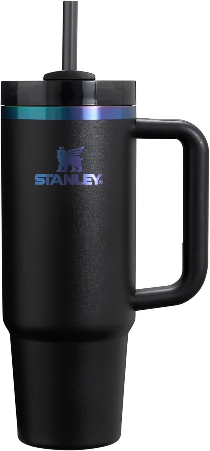 the stanley travel mug is black and blue