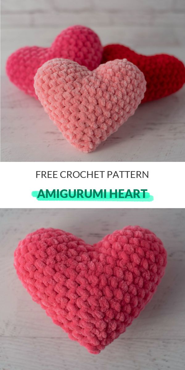 two crocheted hearts sitting on top of each other with the words free crochet pattern amigurmi heart