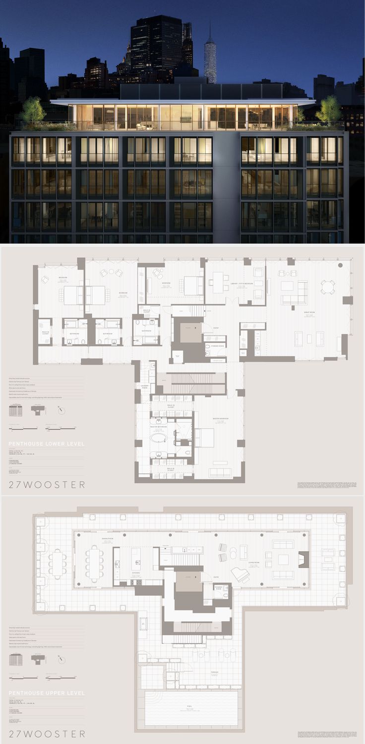 the floor plan for an apartment building in new york city at night, with two levels and