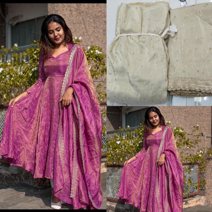 Tissue Silk Dress Designs, Tissue Silk Anarkali, Dresses Back Neck Designs, Shimmer Fabric Dresses, Dresses Stitched From Saree, Tissue Frocks For Women, Tissue Silk Dress, Unstitched Tissue Silk Anarkali Set For Navratri, Art Silk Anarkali Set With Chikankari Embroidery