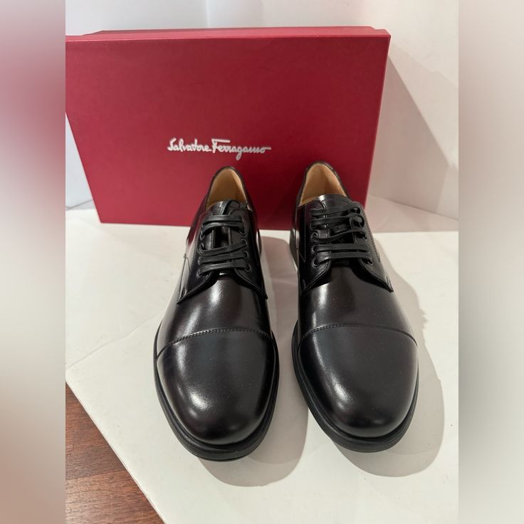 Authentic Brand New Salvatore Ferragamo Larry Dress Leather Shoes Size Us 8.5 Comes With Box. Elegant Calf Leather Derby Shoes With Almond Toe, Elegant Calf Leather Derby With Almond Toe, Elegant Calf Leather Derby Shoes With Round Toe, Elegant Calf Leather Derby With Round Toe, Luxury Patent Leather Oxfords For Business Casual, Luxury Cap Toe Lace-up Shoes For Business Casual, Designer Leather Shoes With Brogue Detailing For Work, Luxury Business Casual Cap Toe Lace-up Shoes, Designer Leather Shoes For Derby With Plain Toe