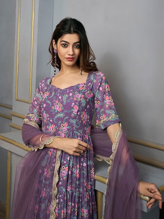 Colour: purple & pinkFloral printedSweetheart neckShort, regular sleevesAnarkali shape with layered styleAnkle length with flared hemMachine weave regular georgette Fitted Georgette Anarkali Set With Digital Print, Fitted Digital Print Georgette Sharara, Fitted Anarkali Set With Digital Print, Fitted Georgette Sharara With Printed Motifs, Fitted Sharara With Printed Motifs In Georgette, Designer Fitted Anarkali Set With Digital Print, Fitted Georgette Salwar Kameez With Digital Print, Fitted Floor-length Anarkali Set With Digital Print, Diwali Digital Print Georgette Dress