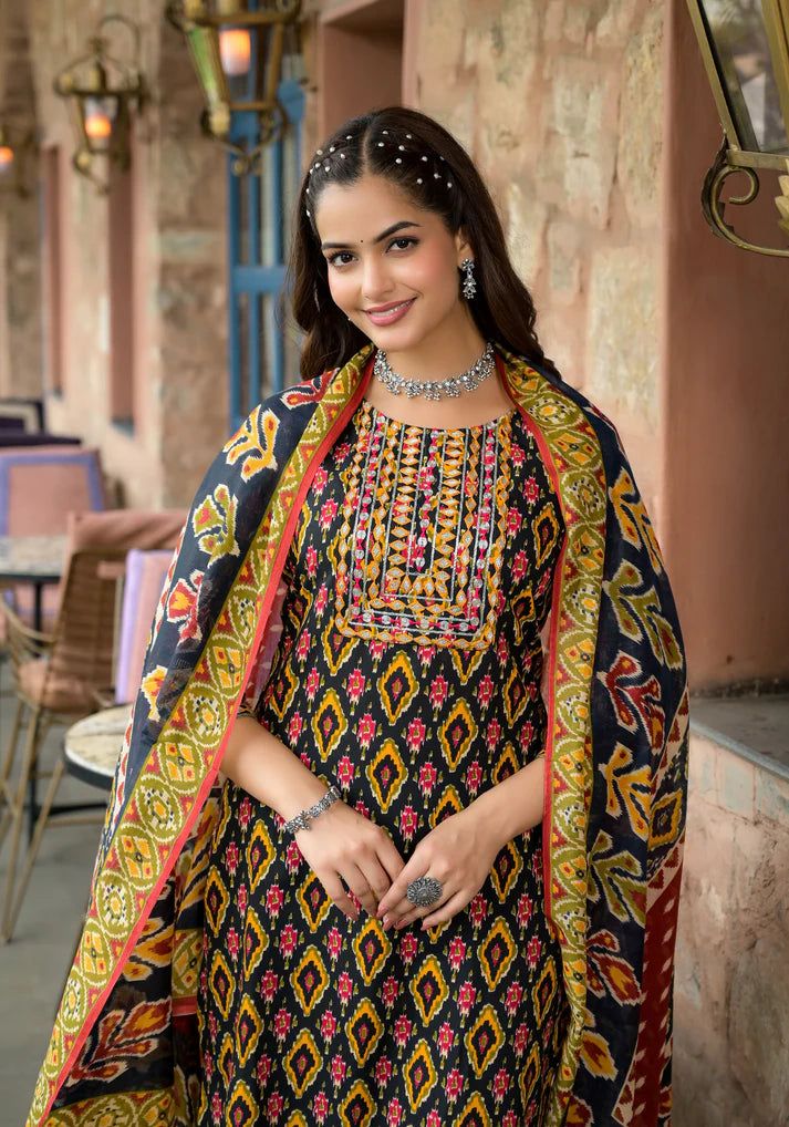 Grab this beautiful 3-piece set. The set comes with printed & embroidered kurta has round neck; 3/4th sleeves & calf length teamed with printed trouser pant and a chanderi cotton dupatta. Color - Multicolored Kurta Fabric-Viscose Pant Fabric-Viscose Dupatta Fabric - Chanderi Cotton Neck-Round Neck Sleeves-3/4th Sleeves Work - Print & Embroidery Detailing Washing Instructions-Dry Clean Model Height - 5.5 wearing size small. DISCLAIMER - The color of the product may be differ due to screen settings of device. A misprint here and a color drop slip there is the beauty of printing which is not treated as a defect. Cotton Sets With Motifs, Straight Kurta, Cotton Palazzo Set With Motifs For Diwali, Multicolor Anarkali Mulmul Sets, Multicolor Anarkali Set In Mulmul, Eid Cotton Sets With Motifs, Cotton Sets With Motifs For Eid, Bohemian Straight Kurta Sets For Festive Occasions, Bohemian Straight Kurta Set For Eid, Multicolor Semi-stitched Sets For Eid