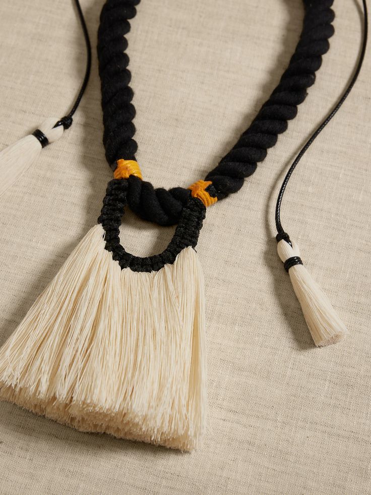 Fantasma Sencillo Necklace | Caralarga | Banana Republic Fiber Necklace, Textile Necklace, Textile Factory, Bold Necklace, Fabric Necklace, Time And Space, Fringe Necklace, High Waist Fashion, Beaded Statement Necklace