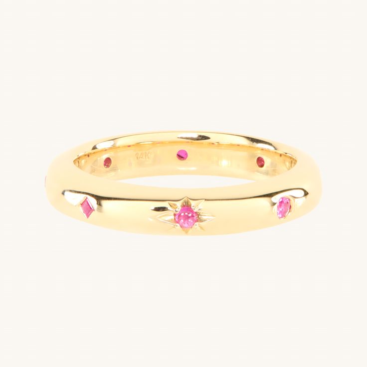 A classic yellow gold band, punctuated with romantic rubies. Made by Leo Black, a long-time Catbird who moved to Los Angeles; this ring is drenched in California sun. Available only at Catbird. Luxury Yellow Gold Ruby Ring With Round Band, Luxury Stackable Ruby Ring, Luxury Gold Ring With Pink Sapphire, Luxury Gold Ruby Stackable Ring, Luxury 14k Gold Stackable Ruby Ring, Luxury Stackable 14k Gold Ruby Ring, Classic Yellow Gold Rings With Pink Sapphire, Classic Pink Sapphire Rings In Yellow Gold, Luxury Gold Ruby Ring With Round Band