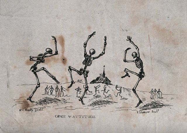 an old drawing of three skeletons dancing