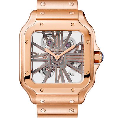 (eBay) Second bracelet in alligator leather, with 18K pink gold interchangeable deployant buckle. Both bracelets are equipped with the “QuickSwitch” interchangeability system. Case width: 39.8 mm, thickness: 9.08 mm. Cartier Santos, Rose Gold Band, Rose Gold Watch, Gold Bands, Pink Gold, Gold Watch, Cartier, Alligator, Pink And Gold