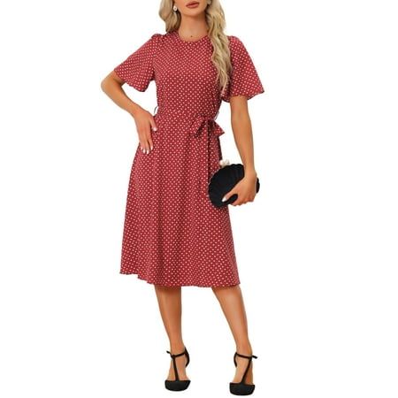 Women's boho ruffle short sleeve print midi dress with belt. The ruffle short sleeves add a playful touch to the dress, while the v-shaped backless and tie collar feature adds a hint of charming. This dress has an elastic waist and a belt that accentuates your silhouette and adds style for a defined, more fitted look. With its versatile design and beautiful heart print, it's a must-have piece for any woman's wardrobe. This dress can match with high heels or sandals, accessories to create a trend Red Short Sleeve Dress With Tie Waist, Red Summer Midi Dress With Tie Waist, Red Tie Waist Midi Dress For Summer, Red Midi Dress With Tie Waist For Summer, Red Midi Dress With Tie Waist, Spring Red Midi Dress With Tie Waist, Red Belted Midi Dress For Summer, Red Short Sleeve Belted Dress, Summer Belted Red Dress