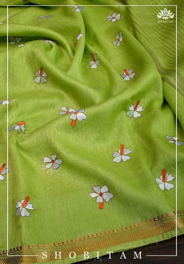 The sight of these flowers will take you to a nostalgic past! Paarijat - the eternal flower charms us with its heavenly fragrance and distinct orange stem! Presenting a vibrant Parrot green silk linen saree with Parijat- the eternal flower motifs embroidered on it.  The saree is ready to wear with falls and pico done. Look at those long tassels that dangle playfully from the pallu. An unstitched blouse fabric is included. Note: There may be slight color variations due to variation in screen sett Eternal Flower, Parrot Green, Flower Motifs, Linen Saree, Silk Linen, Green Silk, Blouse Fabric, Flower Charm, Embroidery Flowers