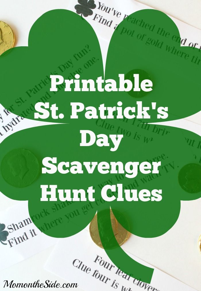 shamrock shaped paper with the words printable st patrick's day scavenger hunt clues