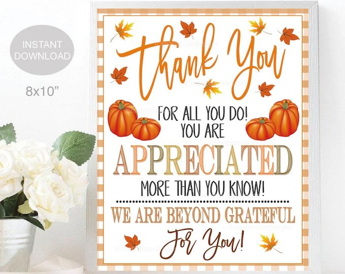 a card with an image of pumpkins on it and the words, thank you for all you do