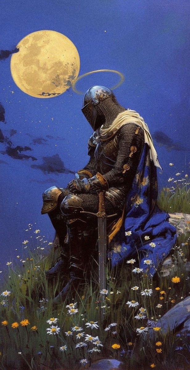 a painting of a knight sitting on a chair in the grass with a full moon behind him