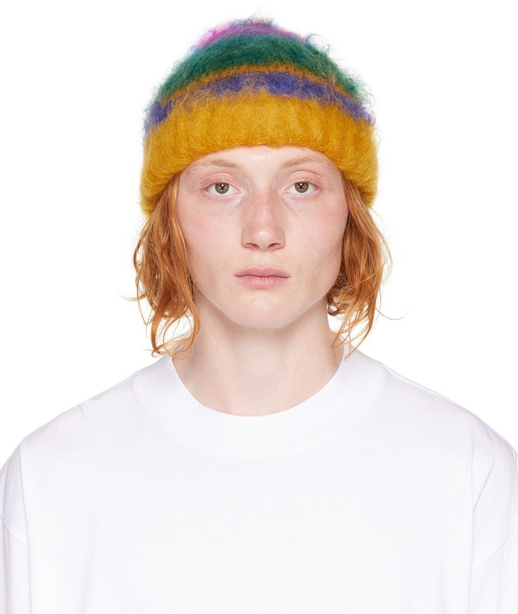 Brushed knit mohair-blend beanie striped in multicolor. Rib knit rolled brim. Supplier color: Multi | Marni Multicolor Mohair Beanie Mohair Beanie, Cole Buxton, Nose Job, White Hat, Winter Beanie, Online Shopping Clothes, Top Trends, Rib Knit, Winter Hats