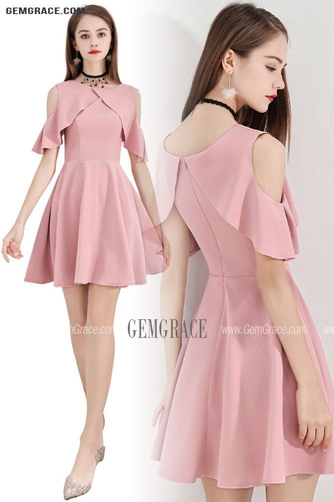 Pink Aline Flare Short Party Dress With Cold Shoulder Pink Knee-length Mini Dress For Party, Elegant Pink Knee-length Sleeveless Dress, Pink A-line Mini Dress For Dress Down Occasions, Pink Fit And Flare Mini Dress Knee-length, Elegant Pink Knee-length Asymmetrical Dress, Pink Homecoming Dresses, Dresses Semi Formal, Pink A Line Dress, Trendy Dress Styles