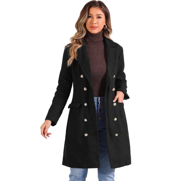 The double-breasted closure of this coat offers both functionality and style. You can wear it buttoned up for a more formal and polished look or leave it partially open for a relaxed and casual vibe. Designed for warmth and comfort, this coat is perfect for the winter season. The mid-long length offers excellent coverage, keeping you cozy and protected from the elements. Pair it with tailored pants and a blouse for a sophisticated office look. Layer it over a dress or skirt for a feminine and el Peplum Coats For Women, Womens Tailored Suit, Peplum Coat, Winter Pea Coat, Sophisticated Office, Long Peacoat, Spring Blazer, Long Winter Coats, Wool Peacoat