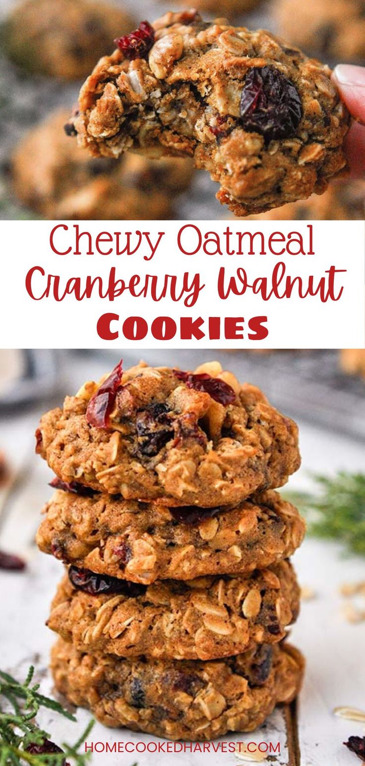 chewy oatmeal cranberry walnut cookies stacked on top of each other