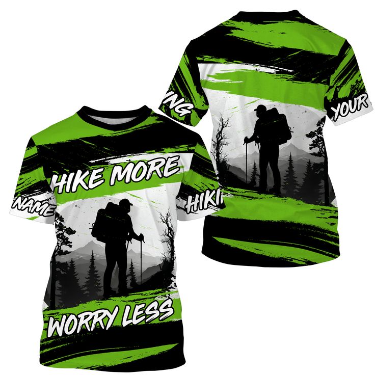 Specially designed for proud hikers. Let's wear this awesome shirt and be bold. PERSONALIZED HIKING SHIRT: This super cool shirt is exactly what all hikers are looking for. Click “Customize Now” and add your name/number to make it a unique one that brings your own signature. UPF 30+ SPF PROTECTION: Be confident on your hike with this protective shirt from harmful UVA/UVB rays. UNISEX ADULTS & KIDS: Our hiking jerseys are all ideal for men, women & youth hikers. Check the size chart to find your Green T-shirt For Outdoor Activities, Green Crew Neck T-shirt For Outdoor Activities, Green Crew Neck T-shirt For Outdoor, Green Short Sleeve T-shirt For Outdoor, Green Crew Neck Top For Outdoor, Outdoor Green T-shirt With Graphic Print, Green Graphic Print Outdoor T-shirt, Casual Moisture-wicking T-shirt For Outdoor, Green Graphic Print T-shirt For Outdoor