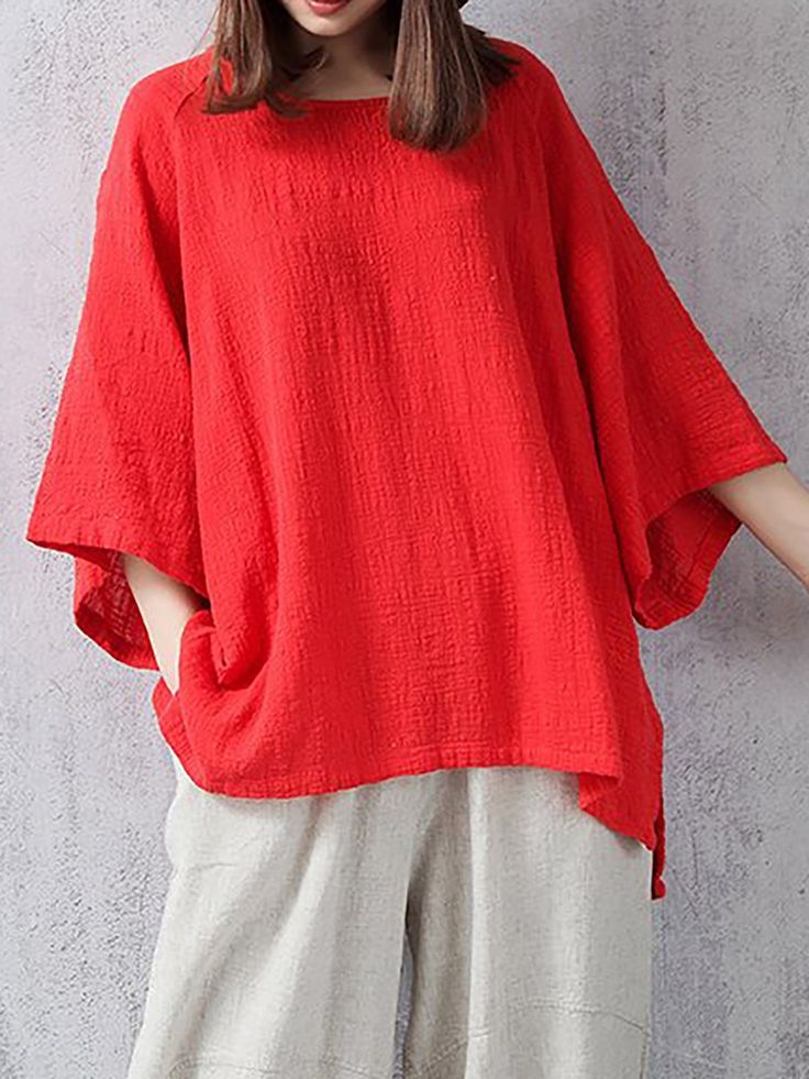 SPU: T-7BA8E5Material: LinenPattern Type: SolidSleeve Type: 3/4 SleeveTag: CasualStyle: CasualOccasion: DailyNeckline: Crew NeckElasticity: Slightly stretchyThickness: LightweightColor: Red,White,ApricotSize: M,L,XL,XXL,3XL,4XL,5XLTheme: Spring/FallSize Chart SizeShoulderBustSleeve LengthLengthcminchcminchcminchcminchM42.016.5115.045.348.018.963.024.8L43.016.9120.047.249.019.364.025.2XL44.017.3125.049.250.019.765.025.6XXL45.017.7130.051.251.020.166.026.03XL46.018.1135.053.152.020.567.026.44XL47.018.5140.055.153.020.968.026.85XL48.018.9145.057.154.021.369.027.2 Red Half Sleeve Summer T-shirt, Red Half Sleeve Shirt For Summer, Red Half Sleeve Tops For Summer, Casual Red Half Sleeve Tops, Red Half Sleeve Summer Tops, Cotton Tops With 3/4 Sleeves, Red 3/4 Sleeve Tops For Spring, Casual Half Sleeve Stretch Tops, Casual Solid Color Tops With 3/4 Sleeves