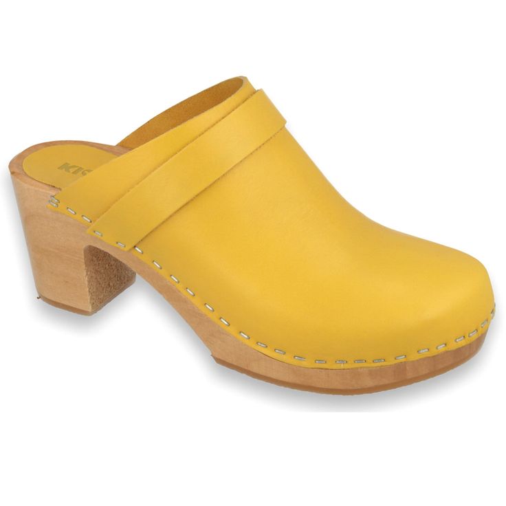 Are you looking for quality high heel clogs? YELLO Klogga - stylish and elegant Swedish clogs from quality real leather on wooden high heel soles YELLO clogs are made from quality real leather. This clog is a perfect blend of comfort and style. It offers optimal support and a timeless look. YELLO clogs are also lightweight due to their poplar wood soles. The yellow colour is vivid and attractive. YELLO clogs are in classic style so you can wear them with any outfit. They are suitable for casual Yellow Platform Clogs, Yellow Platform Clogs With Round Toe, Wooden Clogs With Stacked Heel And Round Toe, Yellow Open Toe Clogs With Rubber Sole, Yellow Mules With Rubber Sole, Yellow Leather Closed Toe Clogs, Yellow Leather Mules With Wooden Heel, Yellow Leather Open Toe Clogs, Yellow Heels With Wooden High Heel