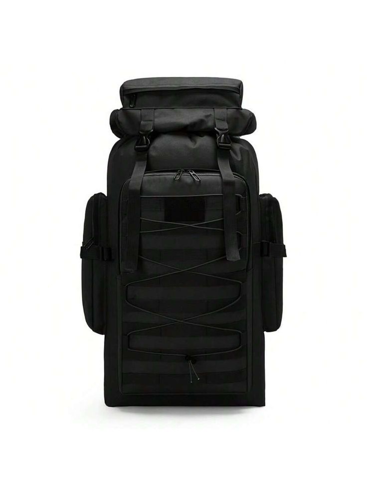 the back view of a black backpack with straps on it's sides and an external compartment