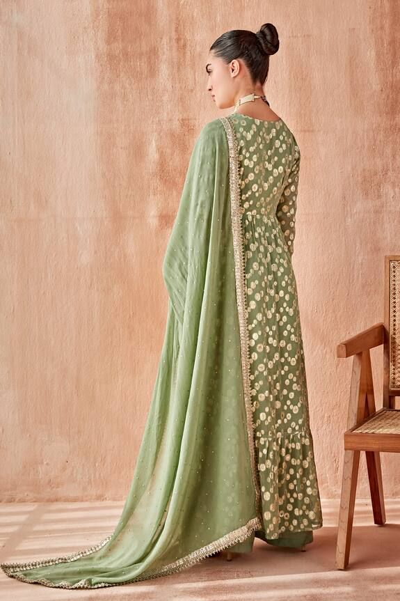 Sage green anarkali with gold lace trims. Paired with a pant and embroidered dupatta. - Aza Fashions Sage Green Anarkali, Green Anarkali, Embroidered Dupatta, Lace Neckline, Lace Trims, Gold Lace, Pants Pattern, Pant Set, Embroidered Lace